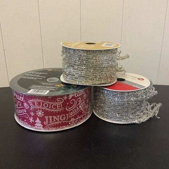 Brand New Celebrate it Lot of 3 Christmas Themed Rolls Wired Ribbon Gift Wrap - Picture 1 of 10